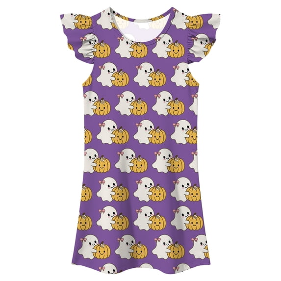Ruiwill Halloween Little Girls Dress Crew Neck Cap Sleeve Pumpkin Ghost Print Nightgown Dress Winter Girls Clothes Size 5-6 Years Purple