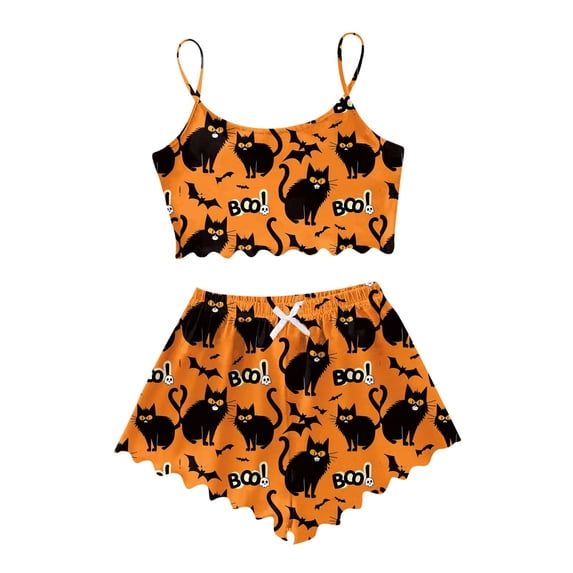 Ruiwill Halloween Pajama Sets For Women 2 Piece Fall Halloween Cami Tops With Shorts Set Soft Cat Print Sleeveless Womens Pajama Sets