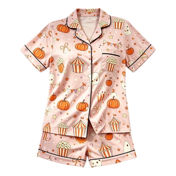Ruiwill Halloween Pajamas for Girls Size 15-16 Years Graphic Print Halloween Girls Pajama Set Cute Fall Short Sleeve Shirts and Shorts Clothes Set