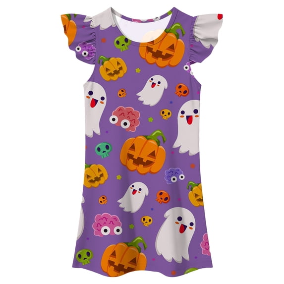 Ruiwill Halloween Toddler Girls Dress Crew Neck Cap Sleeve Pumpkin Ghost Print Nightgown Dress Winter Girls Clothes Size 4-5 Years Purple