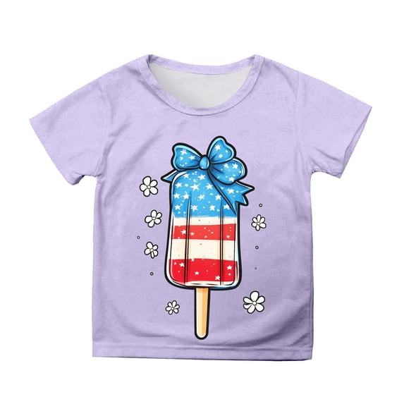 Ruiwill Independence Day Girls Tops Size 8-9 Years Patriotic Lightweight Tshirts Graphic Print Short Sleeve Crew Neck Summer Girls Tees Purple