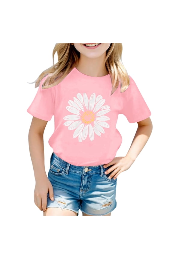 Infant Girls T Shirts Size 1-2 Years Summer Outdoor Casual Breathable Tees Flower Print Crew Neck Short Sleeve Girls Tops Light Pink