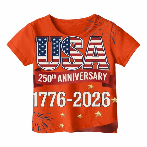 Ruiwill Little Boy Tshirts 4Th Of July Size 7-8 Years Summer Breathable Tees 1776-2026 250Th Anniversary Usa Flag Print Short Sleeve Crew Neck Independence Day Boys Tshirts Orange