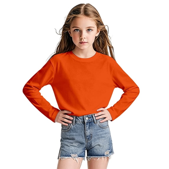 Ruiwill Little Girls Tees Long Sleeve Solid Color Crew Neck Tops Winter Outdoor Casual Fashion Girl Shirts Size 5-6 Years Orange