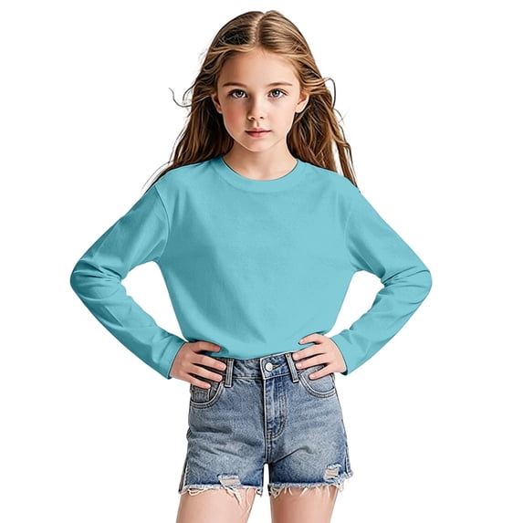 Ruiwill Little Girls Tees Size 7-8 Years Solid Color Long Sleeve Crew Neck Tops Winter Outdoor Casual Soft Girl Shirts Sky Blue