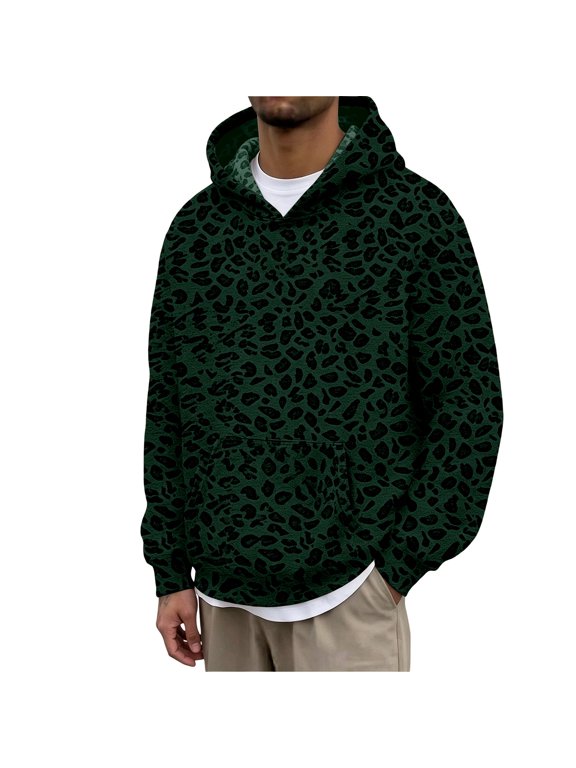 Mens Hoodies Leopard Graphic Print Winter Pullover Hoodies for Men,Dark Green,Size S-3Xl