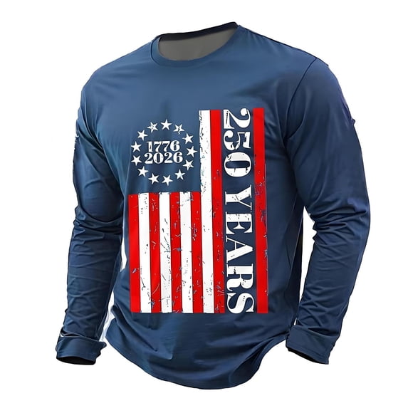 Ruiwill Mens T-Shirts 4Th Of July Independence Day Patriotic Soft Tops Crew Neck Long Sleeve 250 Years Flag Print Summer Mens Tops Size S Blue
