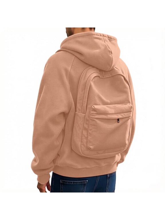 Mens Zip Up Hoodie with Backpack Casual Looose Fit Winter Men Hoodies,Light Pink,Size S-3Xl