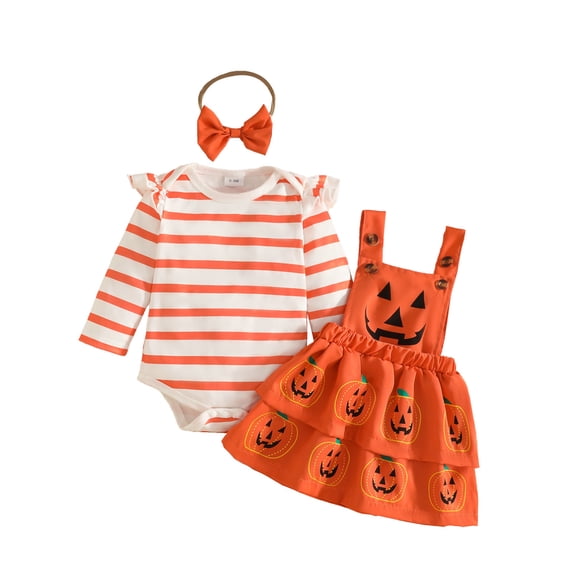 Ruiwill Newborn Girls Halloween Outfit Fall Winter Soft Romper Dress Headbands 3 Pieces Set Pumpkin Print Long Sleeve Crew Neck Girls Outfit Size 9-12 Months