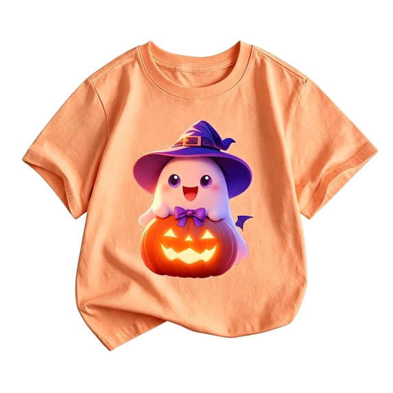 Ruiwill Orange Halloween Shirt Toddler Girl Size 2-3 Years Fall Funny Halloween Outfits For Girls Short Sleeve Pumpkin Ghost Print Kids Clothes