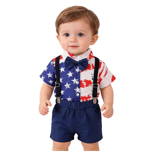 Ruiwill Outfit Set For Boy 4Th Of July Patriotic Lightweight Star Stripe Print Short Sleeve Lapel Neck Shirts With Shorts Set Summer Independence Boys Outfit Set Size 0-3 Months Blue