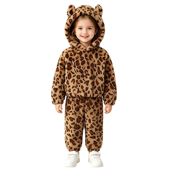 Ruiwill Pajama for Girls Leopard Print Hooded Girls Sleepwear Long Sleeve Pants Two Piece Set Fall Winter Kids Pjs Size 3-4 Years