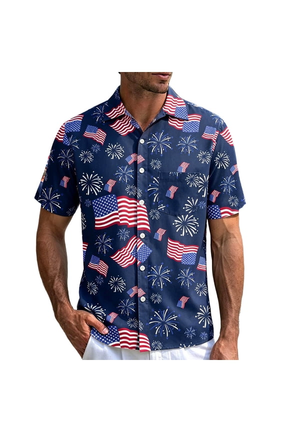 Shirts For Men 4Th Of July Patriotic Usa Flag Print Men Button Down Shirts Short Sleeve Lapel Neck Casual Summer Independence Day Tops