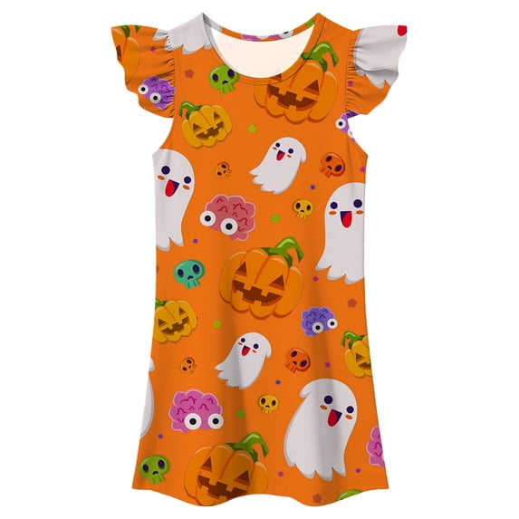 Ruiwill Toddler Girls Halloween Dress Size 3-4 Years Pumpkin Ghost Print Cap Sleeve Crew Neck Nightgown Dress Winter Girls Outfit Orange