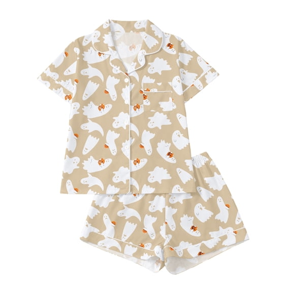 Ruiwill Toddler Girls Pajamas Ghost Pumpkin Print Short Sleeve Lapel Neck Halloween Shirts With Shorts Pajamas Set Summer Breathable Girls Nightwear Size 3-4 Years Khaki