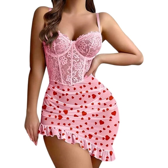 Ruiwill Womens Lingerie Love Heart Print Lace Sleeveless Nightgown With Panties 2 Pieces Set Sleepwear Pink