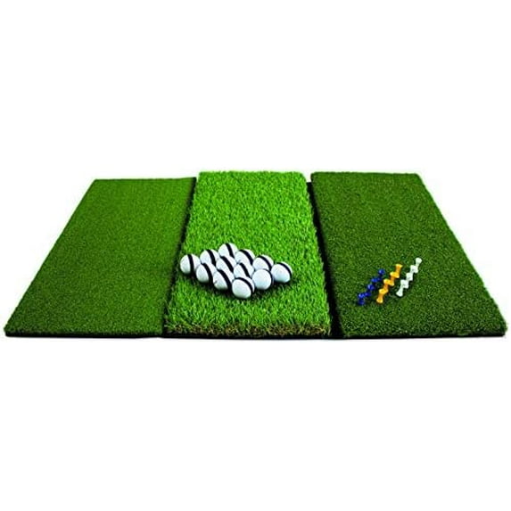 Rukket Tri-Turf Golf Hitting Mat Attack, Portable Driving, Chipping, Training Aids for Backyard with Adjustable Tees and Foam Practice Balls