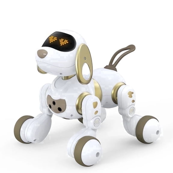 Ruko 1088 Robot Dog Toy, Smart Interactive Puppy, Programmable, 30+ LED Faces, Remote & Gesture Control, White & Gold, Ages 3-8