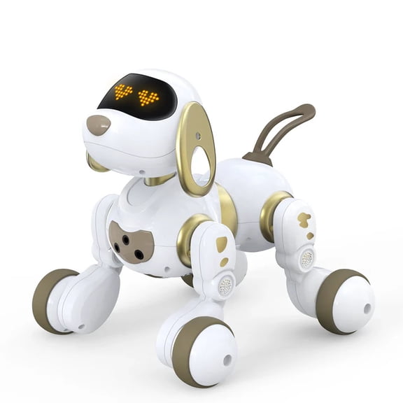 Ruko 18011 Robot Dog Toy, Smart Interactive Puppy with 30+ LED Faces, Remote & Gesture Control, Programmable Electronic Pet for Kids Ages 38, White & Gold