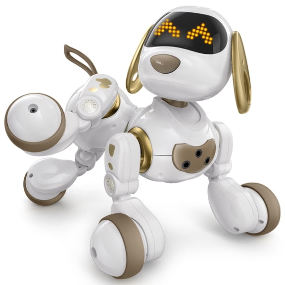 Ruko 18011 Robot Dog Toy, Smart Interactive Puppy, Programmable, 30+ LED Faces, Remote & Gesture Control, White & Gold, Ages 3-8