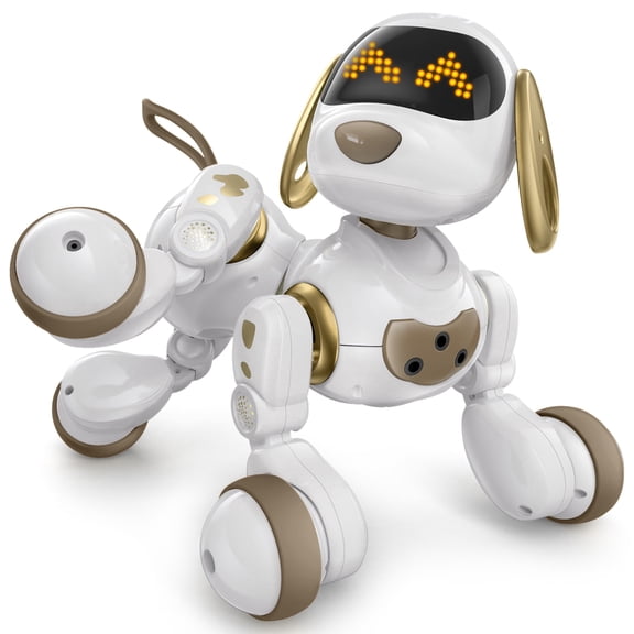 Ruko 18011 Robot Dog Toy, Smart Interactive Puppy, Programmable, 30+ LED Faces, Remote & Gesture Control, White & Gold, Ages 3-8