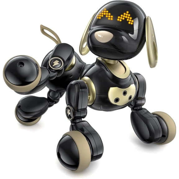 Ruko 18011 Robot Dog Toy, Smart Interactive Puppy, Programmable, 30+ LED Faces, Remote & Gesture Control, Black & Gold, Ages 3-8