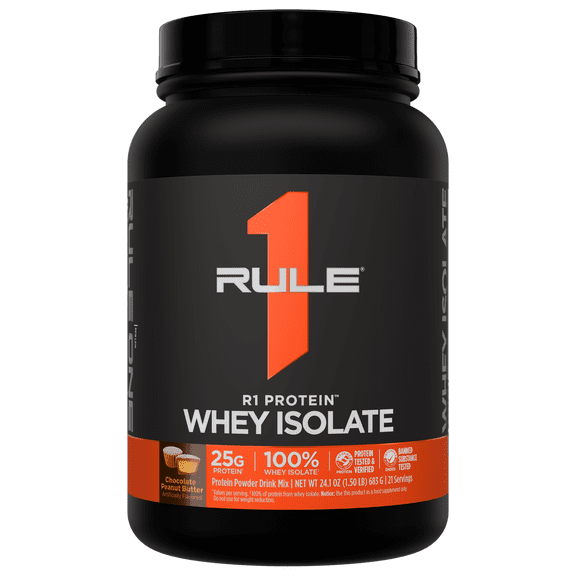 Rule 1 Proteins R1 Protein Whey Isolate - with 25g Protein & 6g BCAA Exclusively from Isolated & Hydrolyzed Sources for Workout Recovery (1.5 Pounds, Chocolate Peanut Butter)