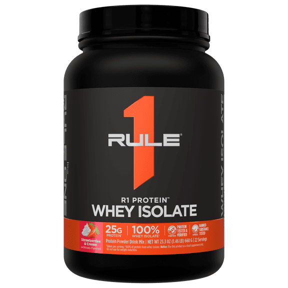 Rule 1 Proteins R1 Protein Whey Isolate - with 25g Protein & 6g BCAA Exclusively from Isolated & Hydrolyzed Sources for Workout Recovery (1.5 Pounds, Strawberries & Crme)