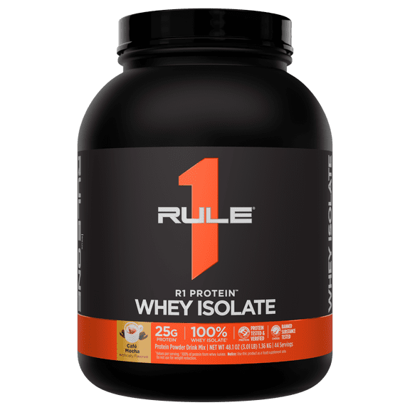 Rule 1 Proteins R1 Protein Whey Isolate - with 25g Protein & 6g BCAA Exclusively from Isolated & Hydrolyzed Sources for Workout Recovery (3 Pounds, Caf Mocha)