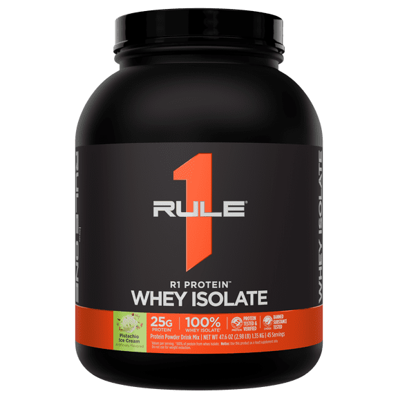 Rule 1 Proteins R1 Protein Whey Isolate - with 25g Protein & 6g BCAA Exclusively from Isolated & Hydrolyzed Sources for Workout Recovery (3 Pounds, Pistachio Ice Cream)