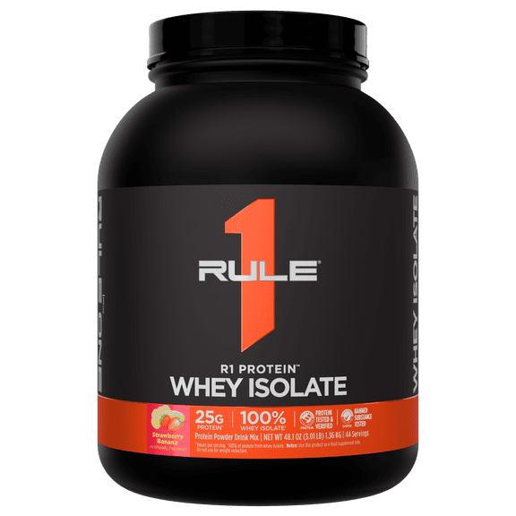 Rule 1 Proteins R1 Protein Whey Isolate - with 25g Protein & 6g BCAA Exclusively from Isolated & Hydrolyzed Sources for Workout Recovery (3 Pounds, Strawberry Banana)