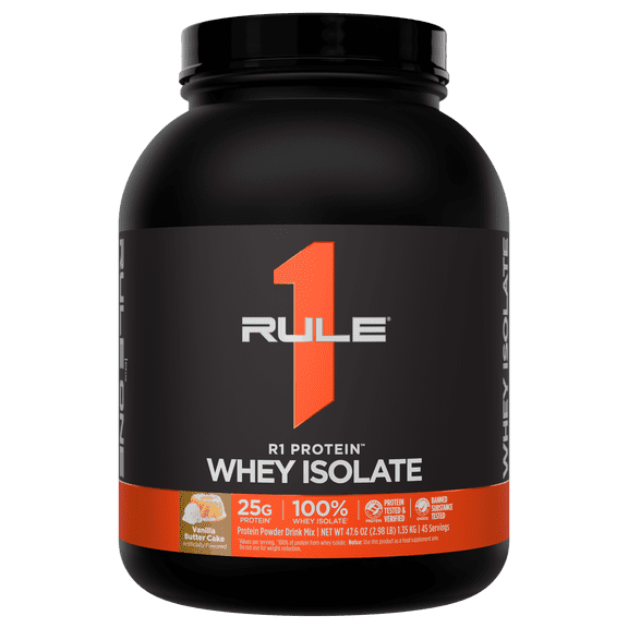 Rule 1 Proteins R1 Protein Whey Isolate - with 25g Protein & 6g BCAA Exclusively from Isolated & Hydrolyzed Sources for Workout Recovery (3 Pounds, Vanilla Butter Cake)