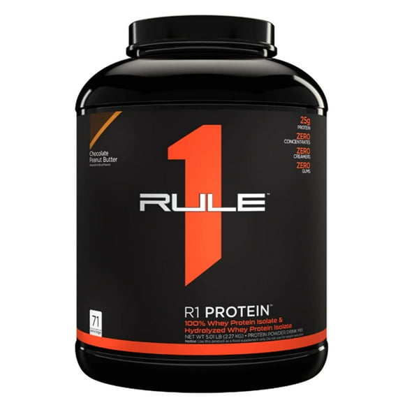 Rule 1 R1 Protein, Chocolate Peanut Butter - 5.01 lbs Powder - 25g Whey Isolate & Hydrolysate + 6g BCAAs - 71 Servings