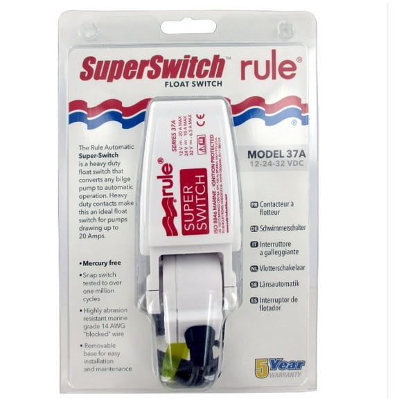 Rule 37A SuperSwitch Bilge Float Switch, Moisture Tight Seals, 12, 24 or 32 Volt