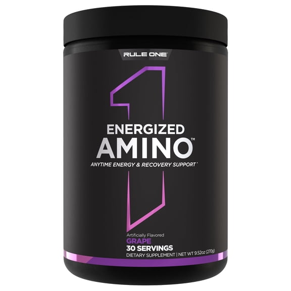 Rule 1 Proteins Energized Amino Anytime Energy and Recovery Support with BCAAs, Glutamine, Citrulline, Beta Alanine, and Caffeine from Green Coffee & Tea Leaf Extracts (30 Servings, Grape)