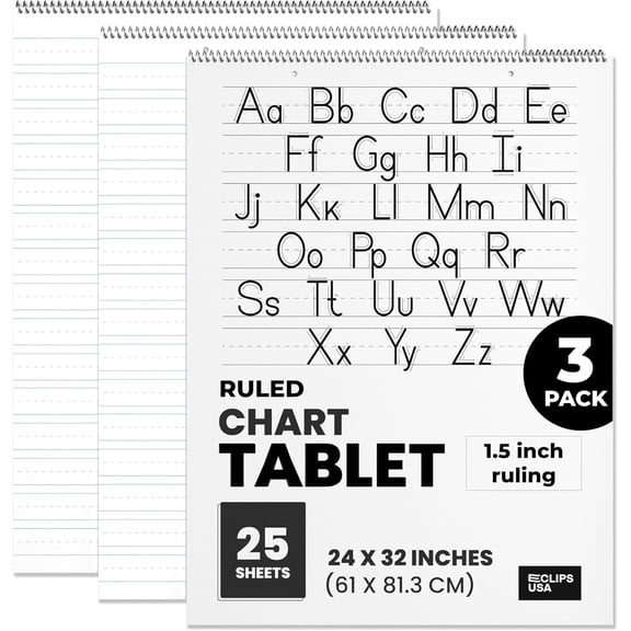E-CLIPS USA Ruled Anchor Chart Paper 25-Sheet Large Writing Pad, 24” x 32”, Pack of 3