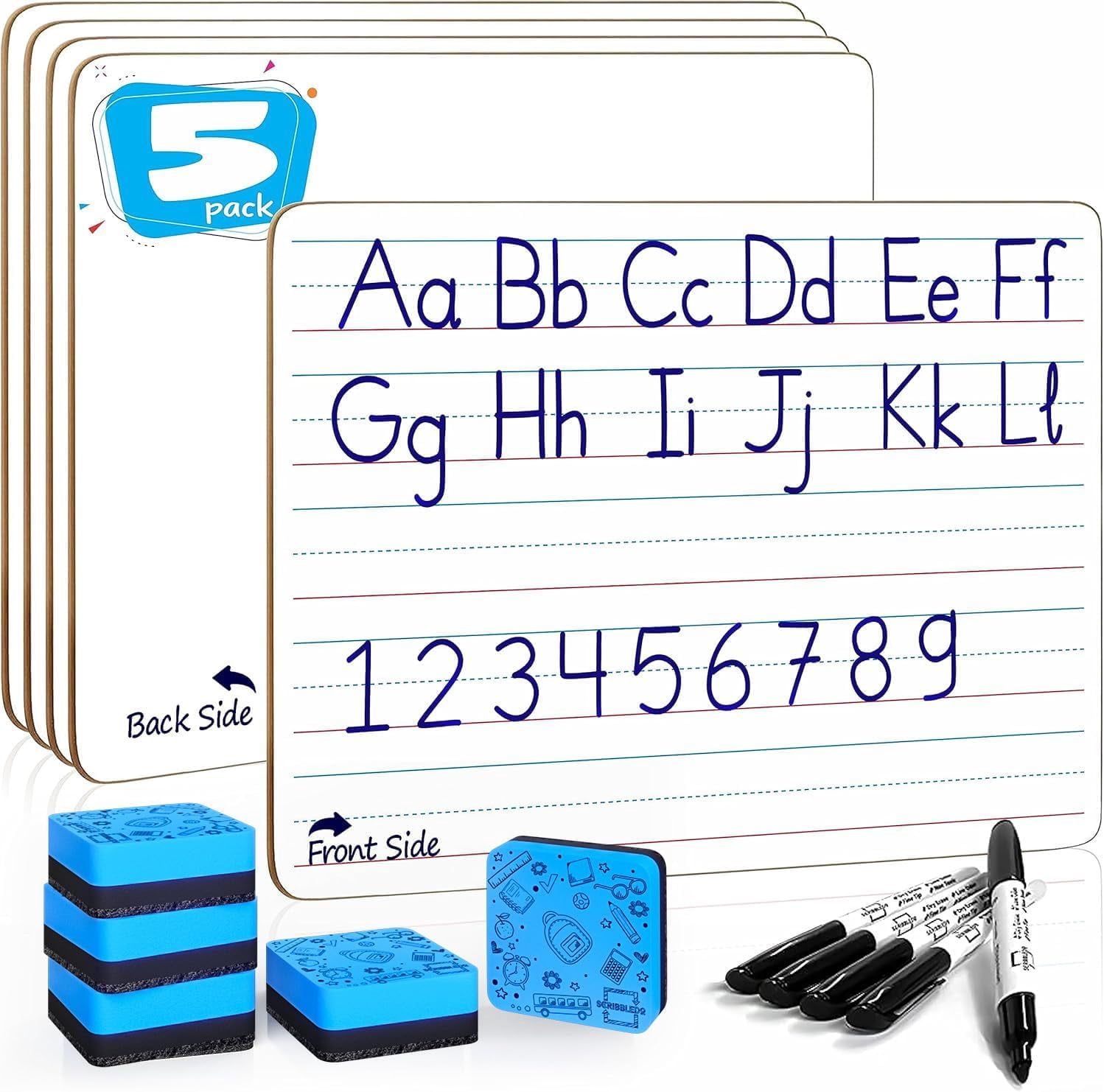 Scribbledo Lined Dry Erase Boards 9"X12"  Double Sided Ruled Whiteboards  Markers and Erasers  5 pack