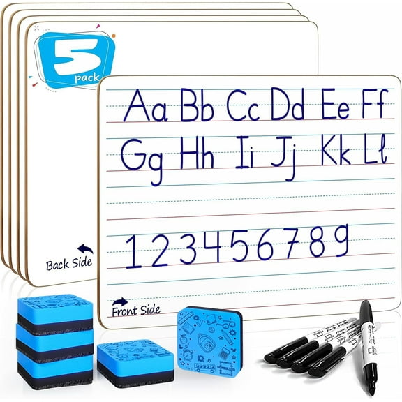 Scribbledo Lined Dry Erase Boards 9"X12" Double Sided Ruled Whiteboards Markers and Erasers 5 pack