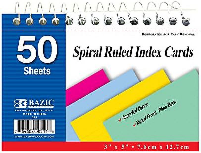 Ruled Index Cards Book 3" X 5" 1800 Count, Spiral Bound Memo, Assorted