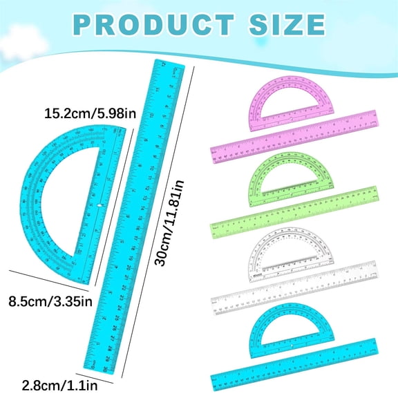 Ruler and Protractor Set, Geometry Drawing Stationery Kit, 11.81 in Straight Ruler + 5.98 in Semicircular Protractor Set, Geometry Math Tool Kit, Architect Drafting Ruler Set, Angle Supplies,Blue