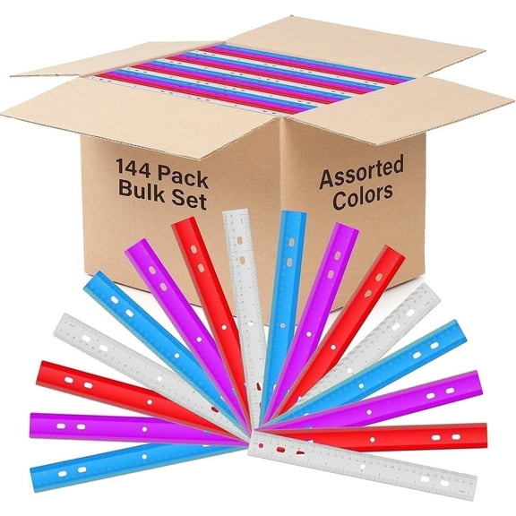 E-Clips USA 12-Inch Plastic Ruler, Durable Flexible Rulers in Assorted Colors, 144-Pack