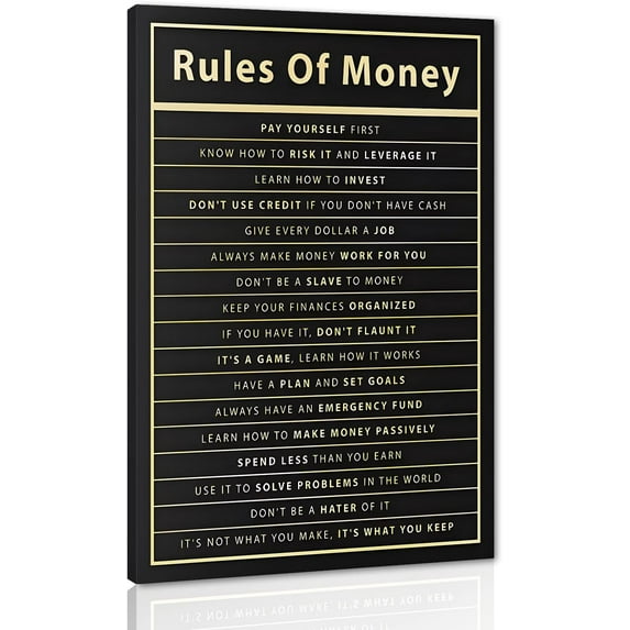 Rules Of Money Motivational Wall Art Canvas Print Office Decor Financial Poster Entrepreneur Millionaire Inspirational Quote Framed Easy to Hang-12 inch x 18 inch