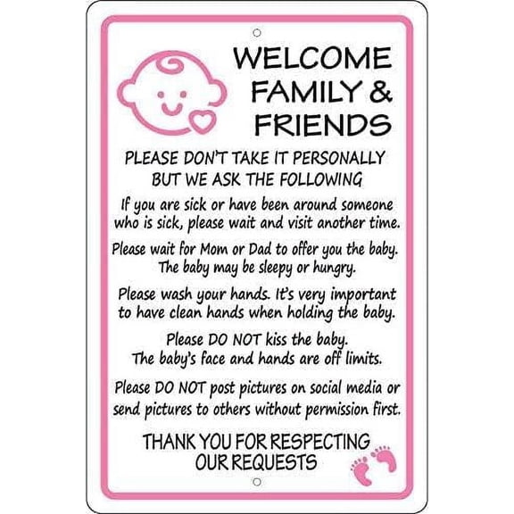 Rules for Visiting New Baby Vintage Rustic Pink Aluminum Metal Sign, Decorative Plaque for Home Nursery Baby Room, Visitor Guideline Sign, 8x12 Inch