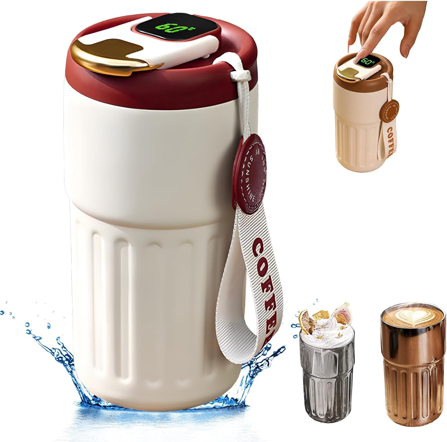 Coffee Thermos with Temperature Display, 450ml Keep Warm and Cold for 18 Hours Travel for Men and Women (White with Red Lid)