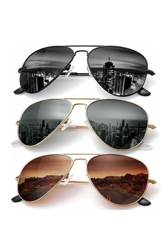 Polarized Pilot Sunglasses Men and Women Metal Sunglasses UV Blocking, 3-Piece Set