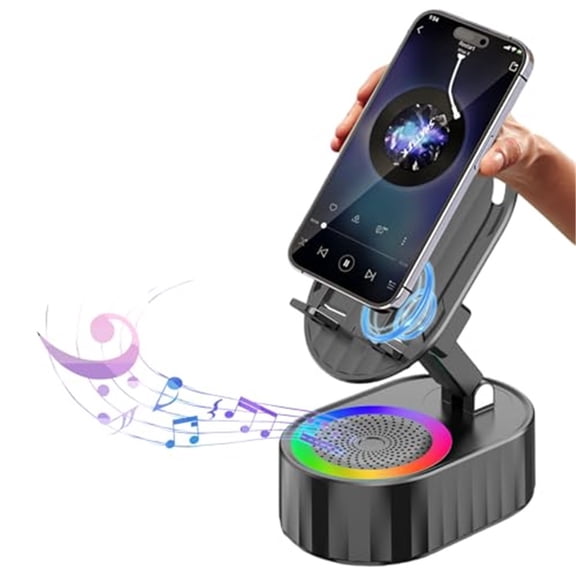 Rulwuck Wireless Induction Audio Bluetooth Speaker 5in1 Phone Holder Emergency Rechargeable (3000mAh) with Colorful Ambient Light 300° Foldable for Tablet iPhone Android, Gifts for Men Women,black