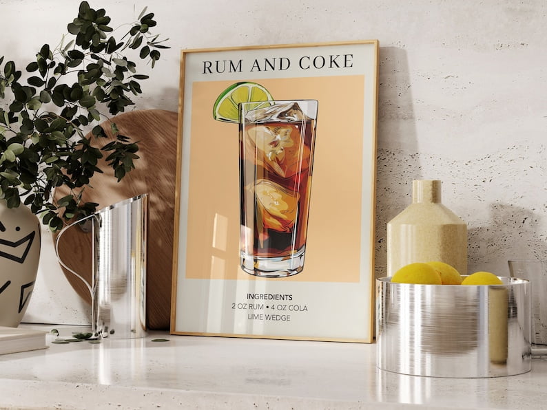 Rum and Coke Cocktail Poster | Signature Drink Sign Gifts for Him ...