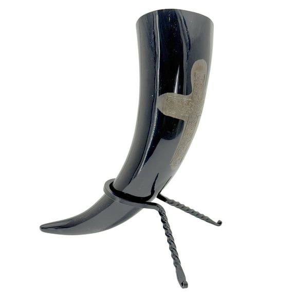 Armory Replicas Rum Lovers Religion Drinking Horn – Carved Natural Horn with Hand Forged Iron Rack, 12-16oz
