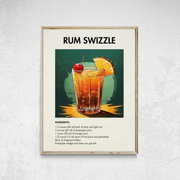 Rum Swizzle Recipe Print, Tropical Cocktail Art, Unframed Canvas 16x20in