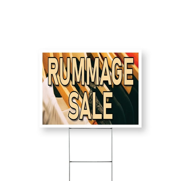 Rummage Sale Yard Sign 12 Inch x 16 Inch Single Sided Weatherproof Heavy-Duty Plastic with Stake | Local Bargains, Community Events, Professional Signage | Made in USA